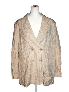 Mystree Double Button Linen Blazer Beige Striped Shoulder Pads Size Medium M NEW